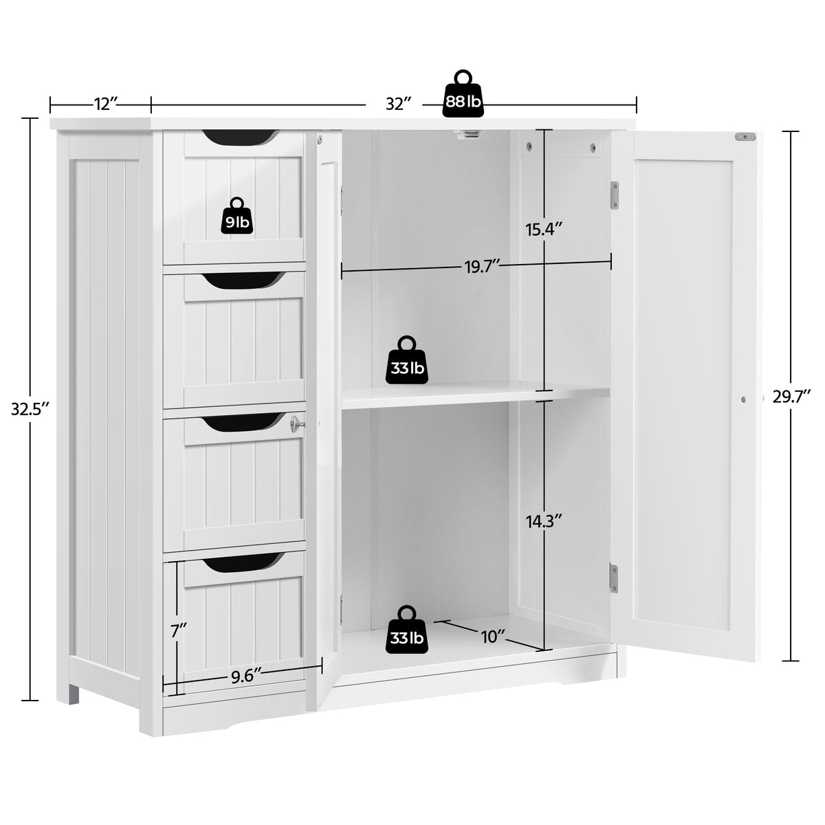 White 4 Drawer 2 Door Bathroom Storage Cabinet W311089