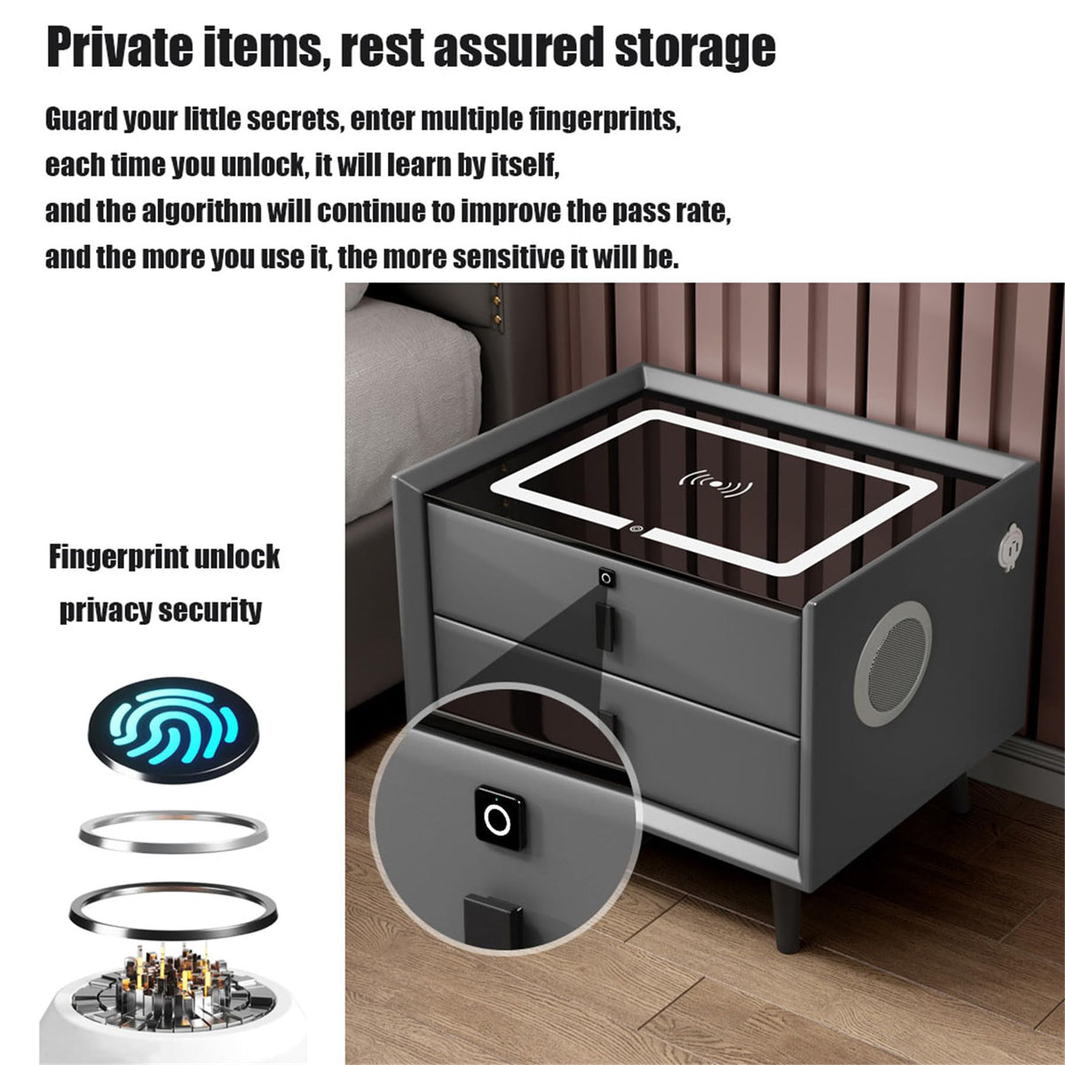 LED Nightstand with Fingerprint Lock, Wireless Charging Station, 2 Speakers, 3 Color LED Light, 2 USB X8716