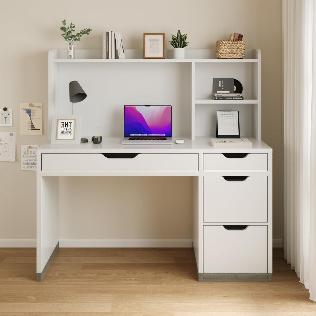 White Desk with Hutch and 4 Drawers N518