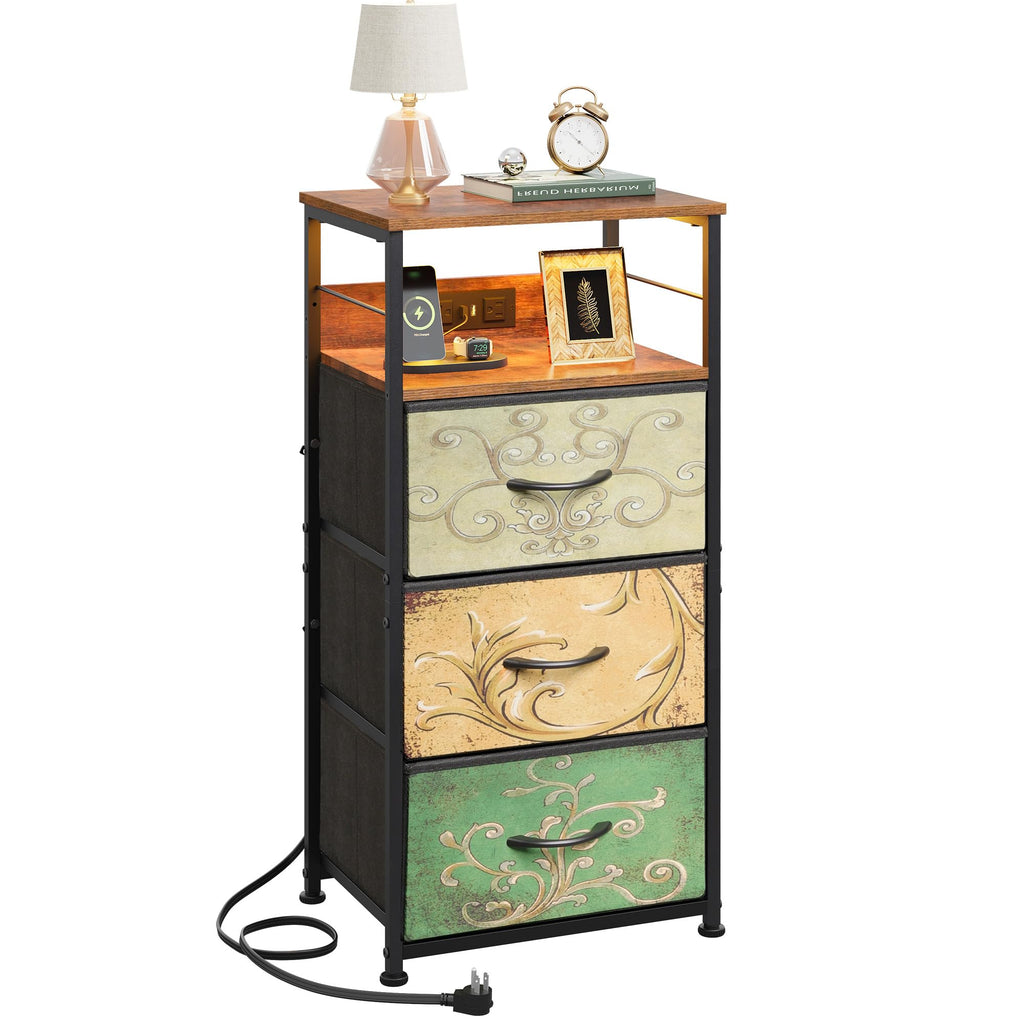 Night Stand with Charging Station, 3 Drawer Bedside Table B1996