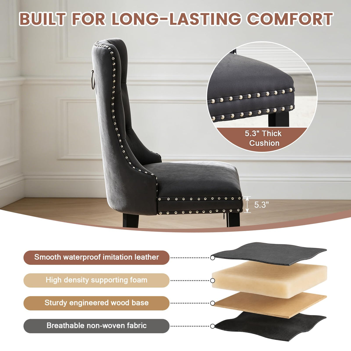 Black PU Leather Dining Chairs Set of 6 with Nailhead Trim and Solid Wood Legs K2256