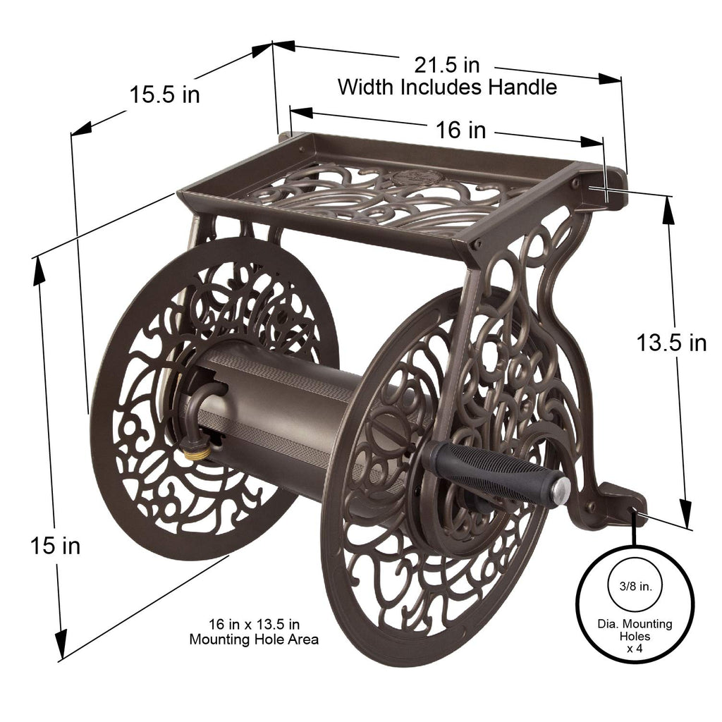 Cast Aluminum Wall Mount Hose Reel, Holds 125-Feet of 5/8-Inch Hose - Bronze L5809