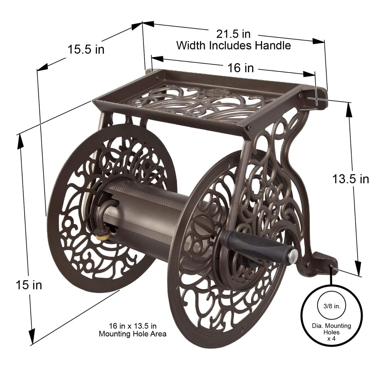 Cast Aluminum Wall Mount Hose Reel, Holds 125-Feet of 5/8-Inch Hose - Bronze L5809