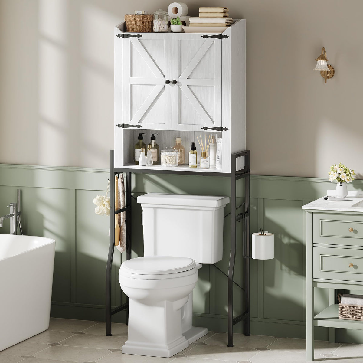Over The Toilet Storage Cabinet with 2-Door & Metal Stand, White N524