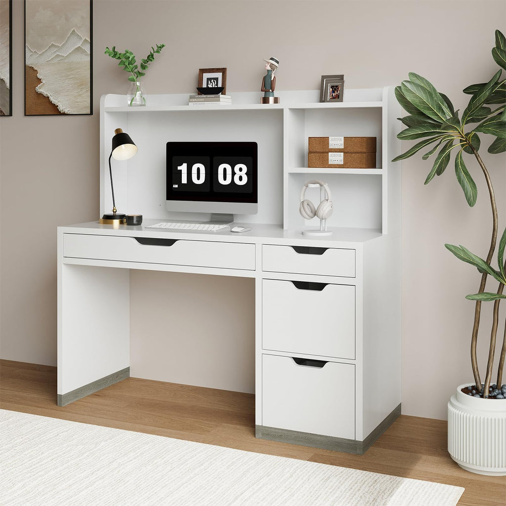 White Desk with Hutch and 4 Drawers N518