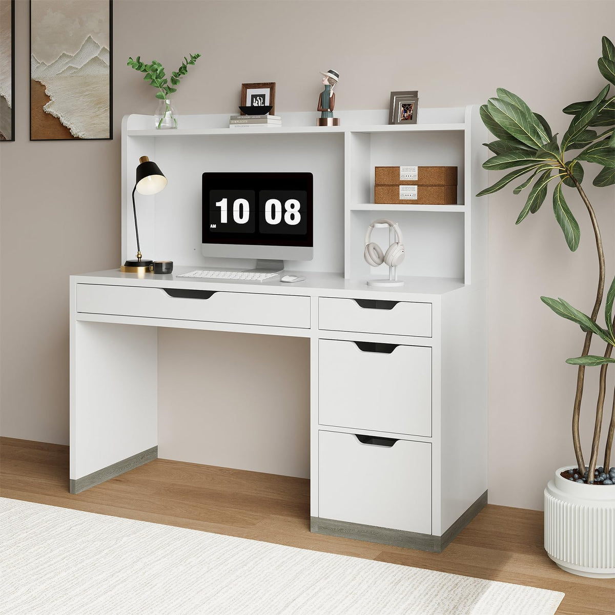 White Desk with Hutch and 4 Drawers N518