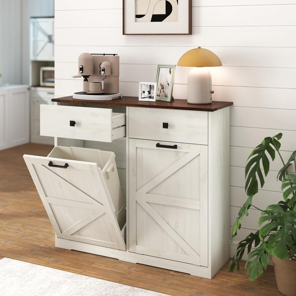 Double Tilt Out Trash Cabinet with Storage Drawers, Antique White A98336