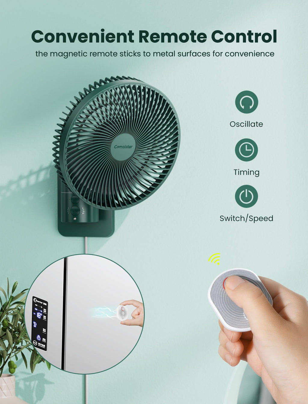 Wall Mounted Oscillating Fan with Remote and Timer, 8.5 Inch 4 Speeds S819324