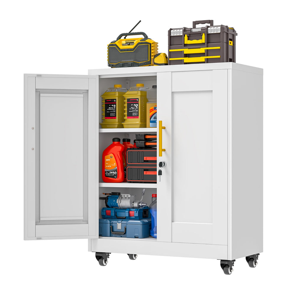 White Metal Storage Cabinet with Wheels H6684