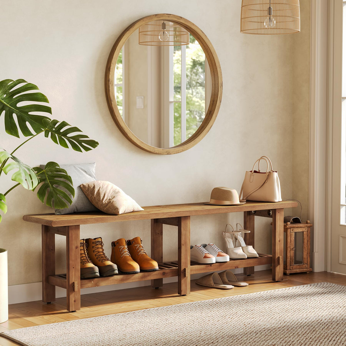 Solid Wood Shoe Bench with Storage Rack W557