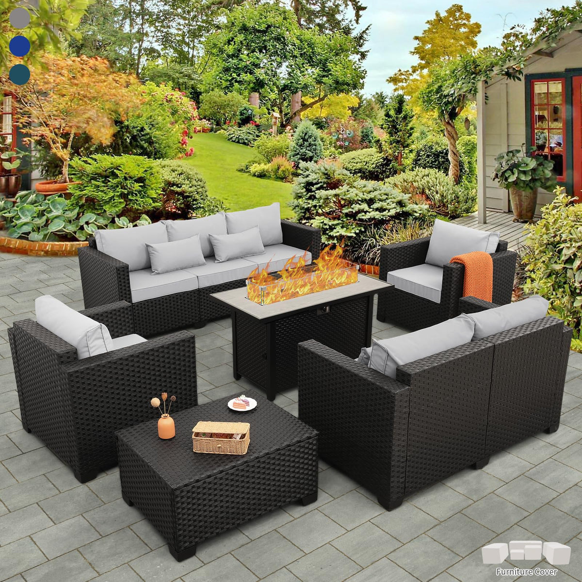 6 Pcs Outdoor Furniture Set with Fire Pit Table and Cushions F275079