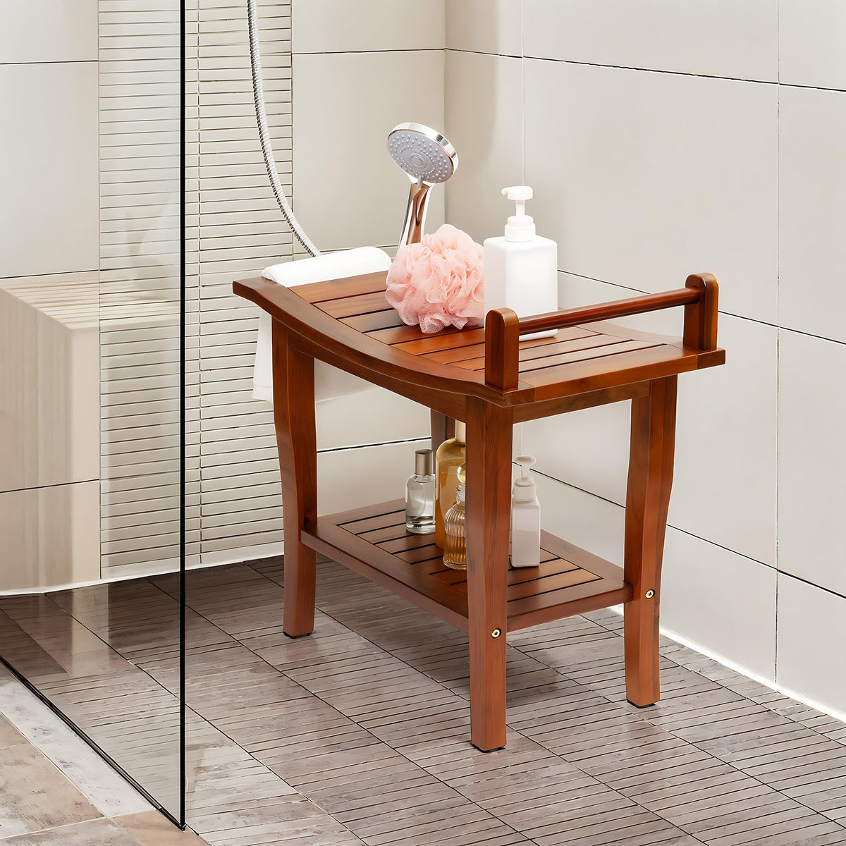 Teak Shower Bench with Shelf D48049