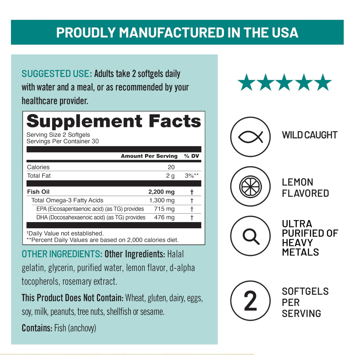 Omega 3 Fish Oil 2200 mg Lemon Flavor 60 Softgels E647801