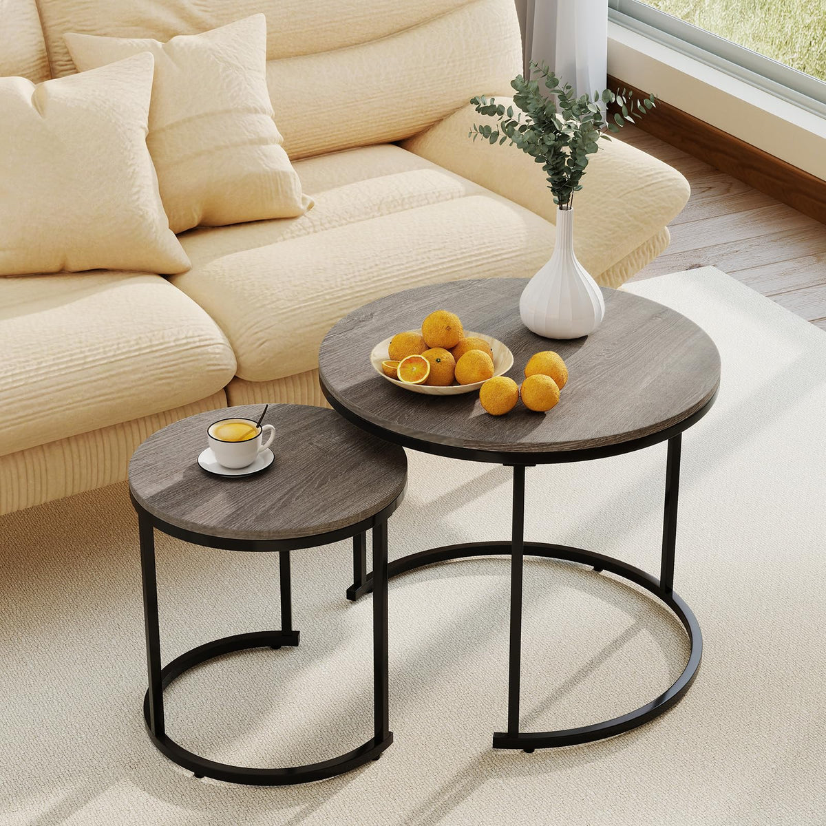 Round Nesting Coffee Table Set of 2 Grey Oak Q30050