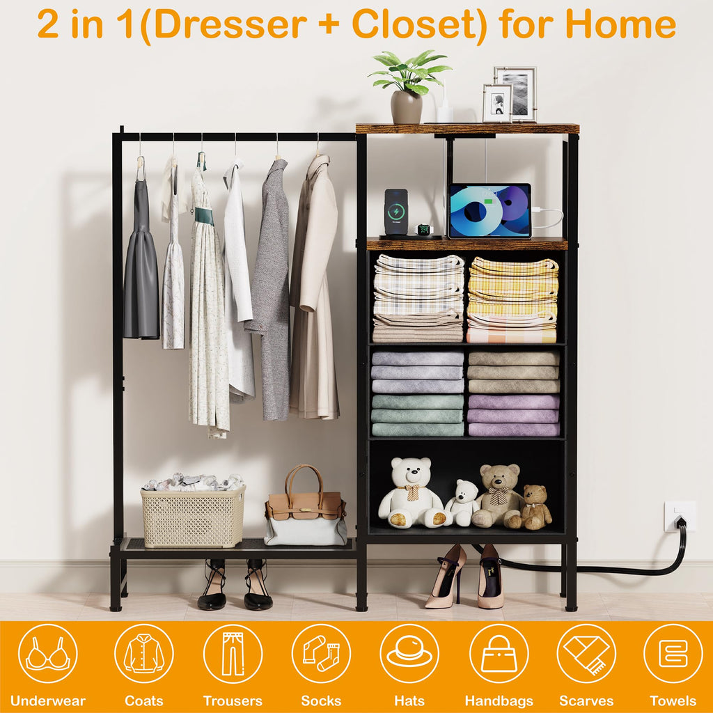 Brown 3 Drawer Fabric Dresser with Hanging Rack G495