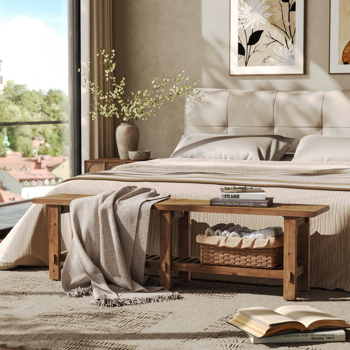 Solid Wood Shoe Bench with Storage Rack W557