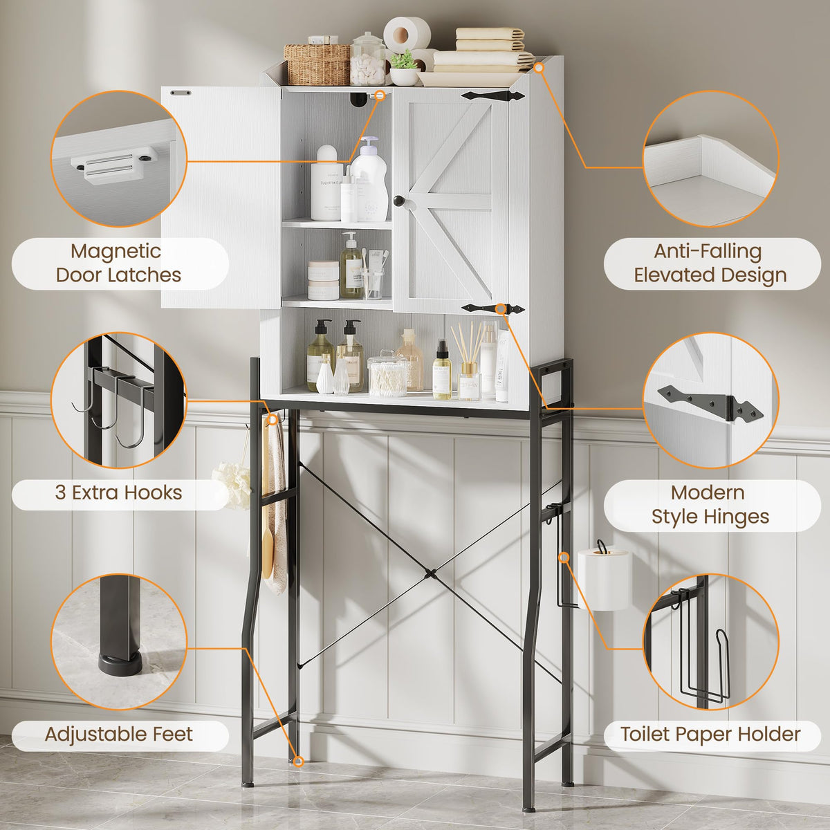 Over The Toilet Storage Cabinet with 2-Door & Metal Stand, White N524