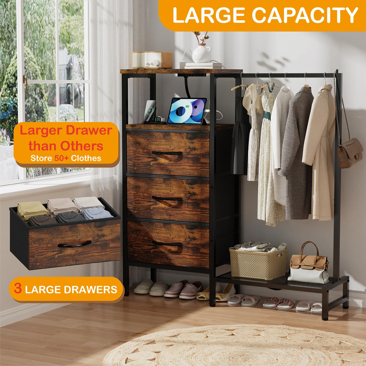Brown 3 Drawer Fabric Dresser with Hanging Rack G495