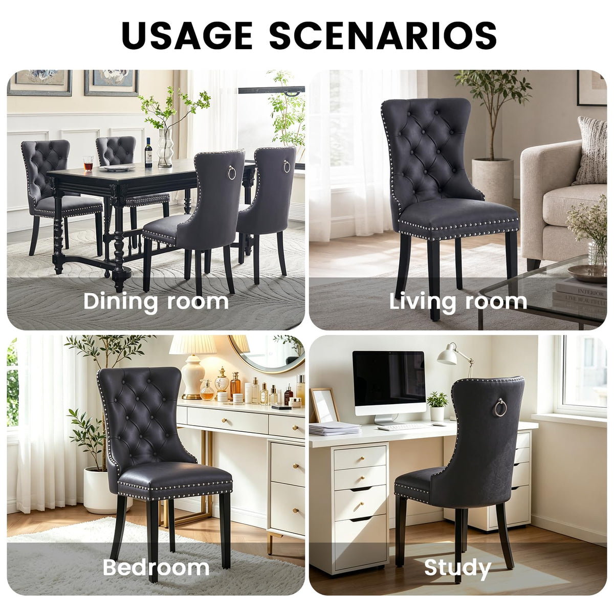 Black PU Leather Dining Chairs Set of 6 with Nailhead Trim and Solid Wood Legs K2256