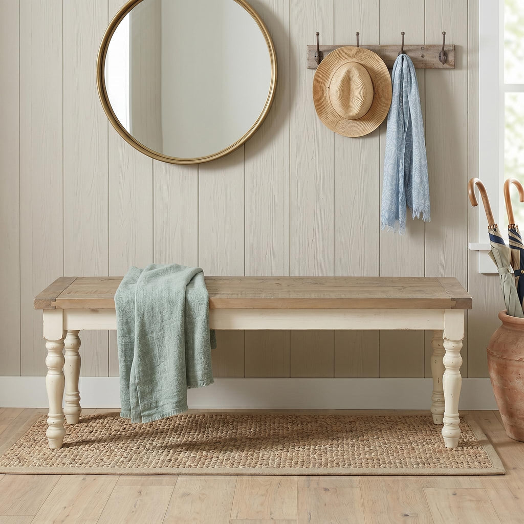 Antique White Two-Tone Oak Wood Dining Bench X79226