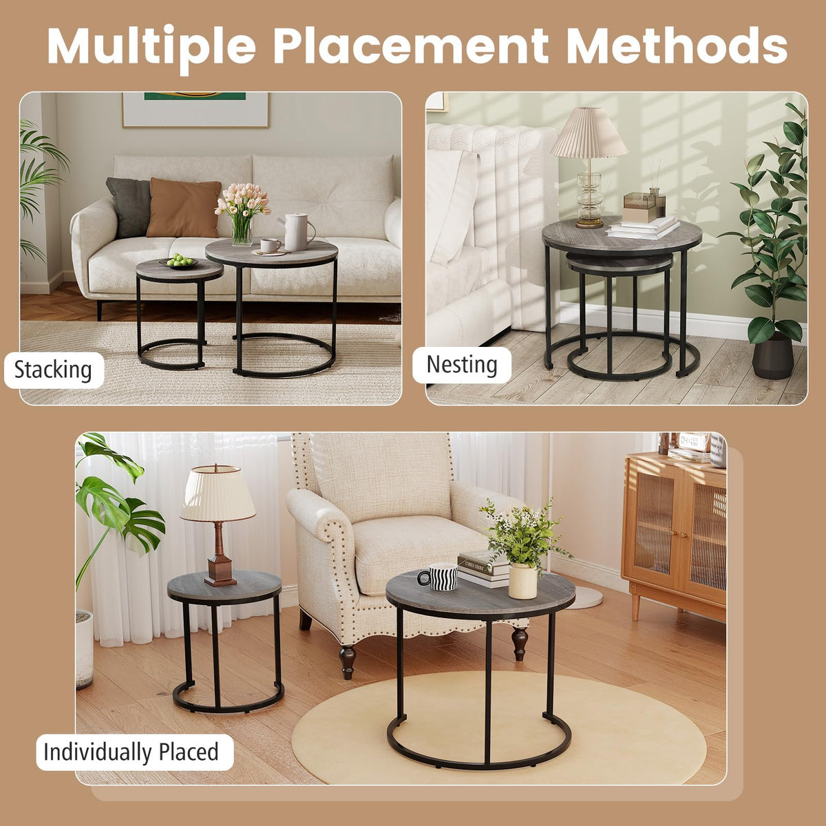 Round Nesting Coffee Table Set of 2 Grey Oak Q30050