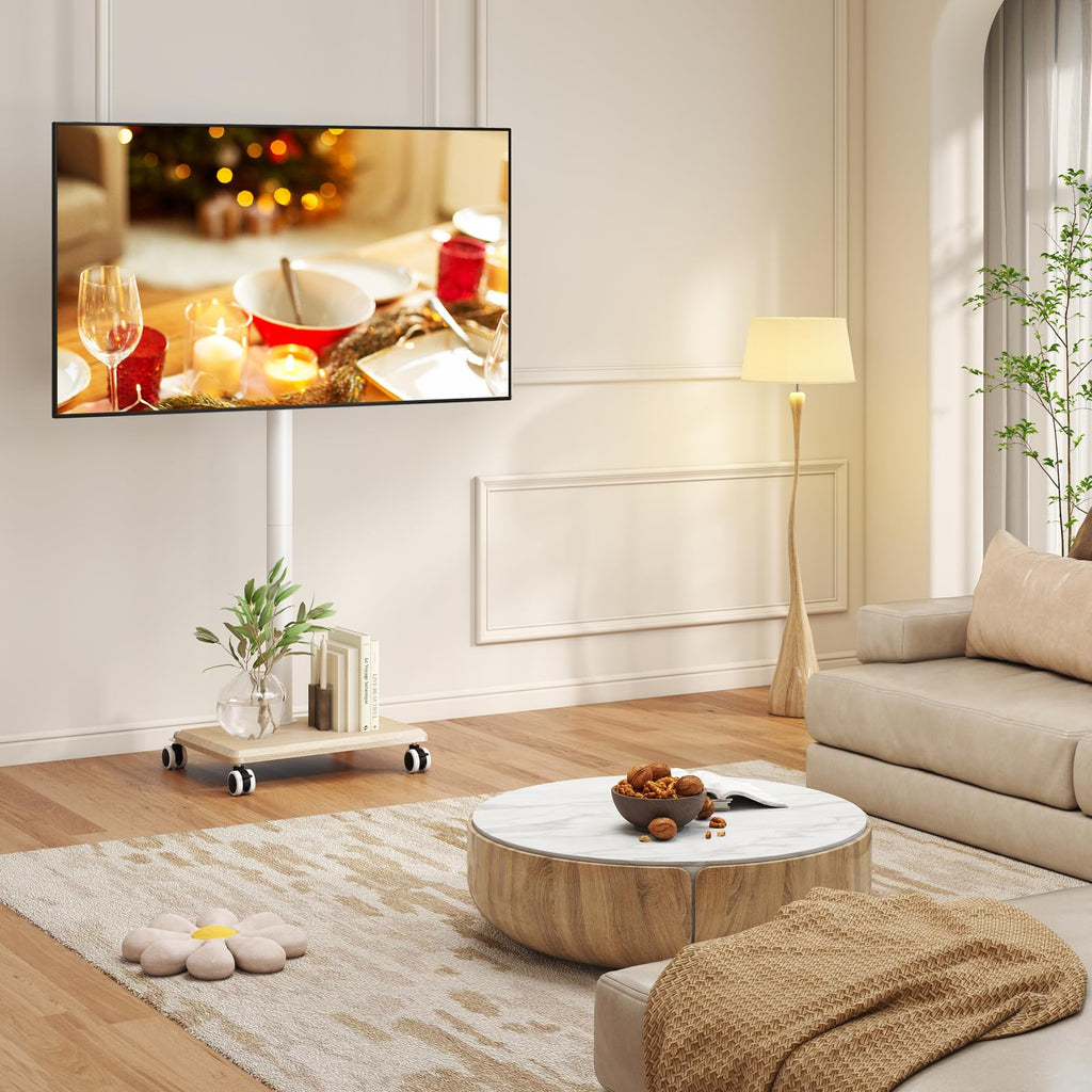 Rolling TV Stand for 32 to 60 Inch TV White Wood Base F68750