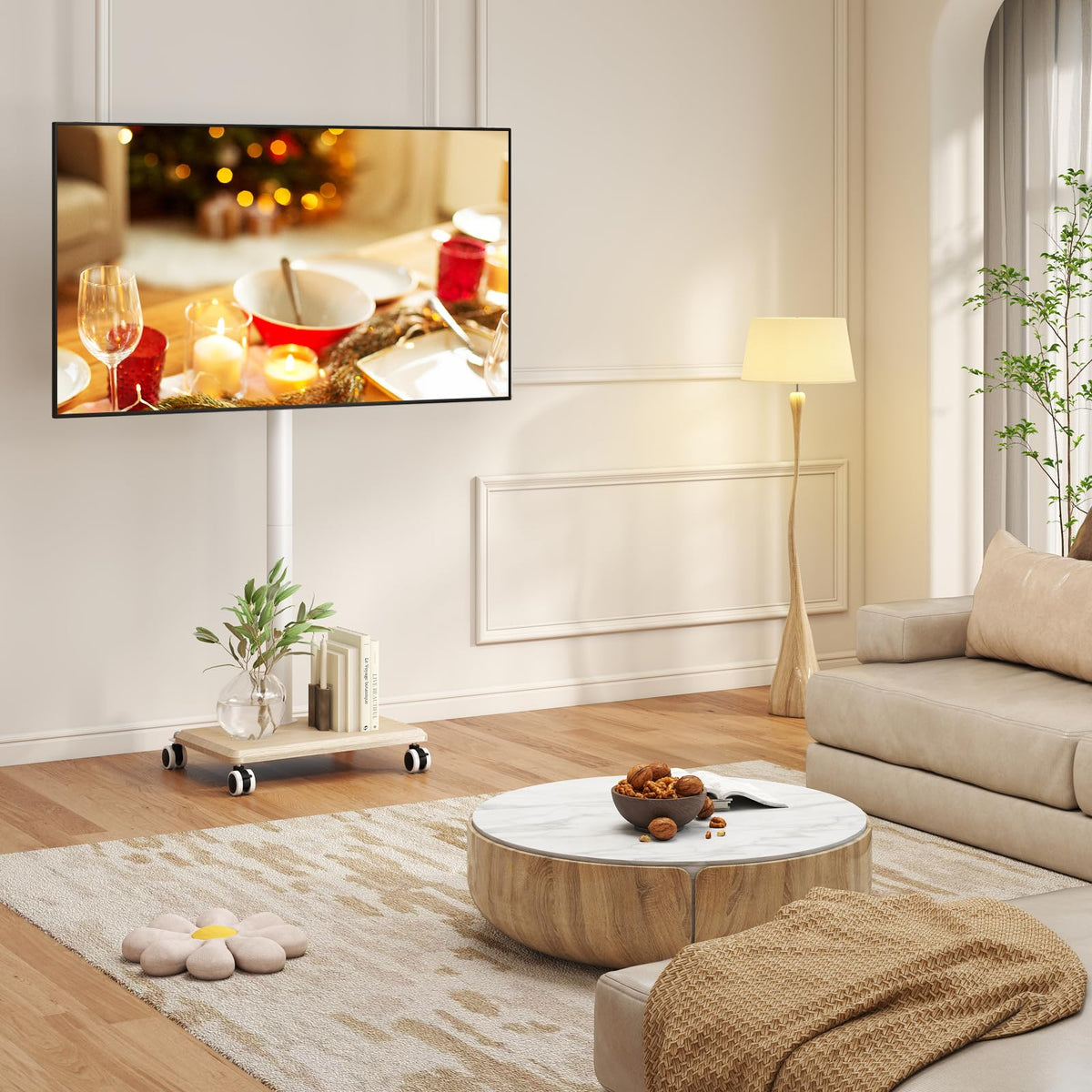 Rolling TV Stand for 32 to 60 Inch TV White Wood Base F68750