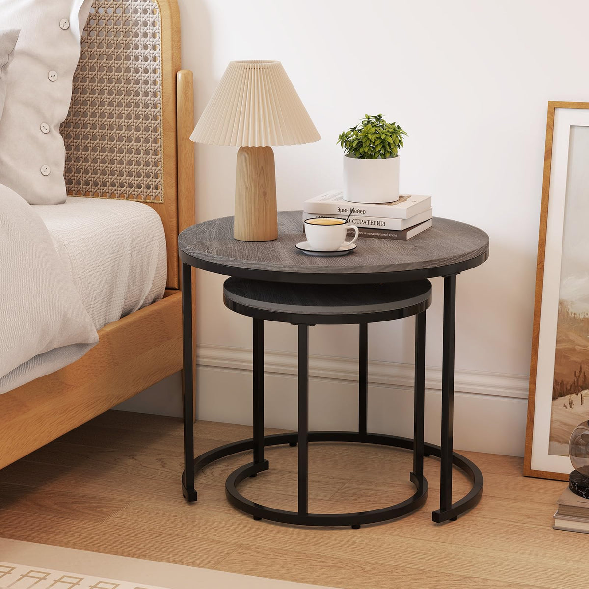 Round Nesting Coffee Table Set of 2 Grey Oak Q30050