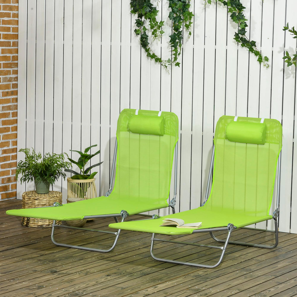 2 Piece Folding Chaise Lounge Chairs Reclining Back Green O5054
