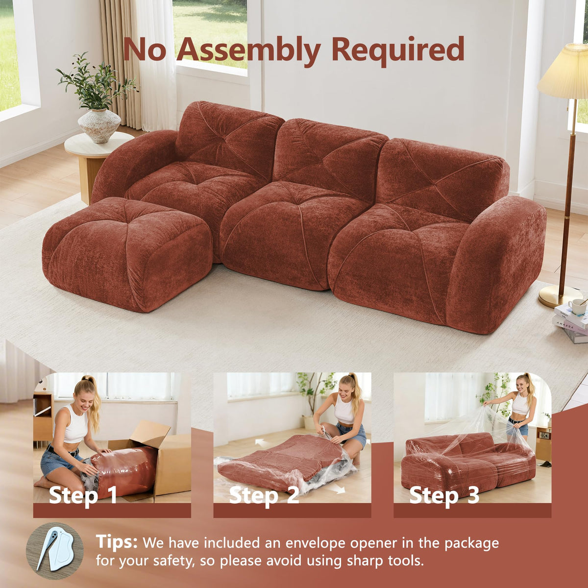 L-Shaped Orange Velvet Tufted Sofa with Ottoman G129297