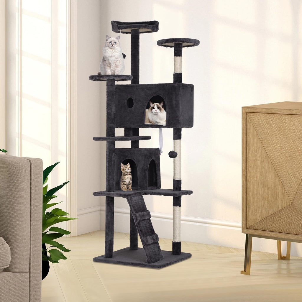 70 Inch Dark Grey Cat Tree Tower with Scratching Post W544031