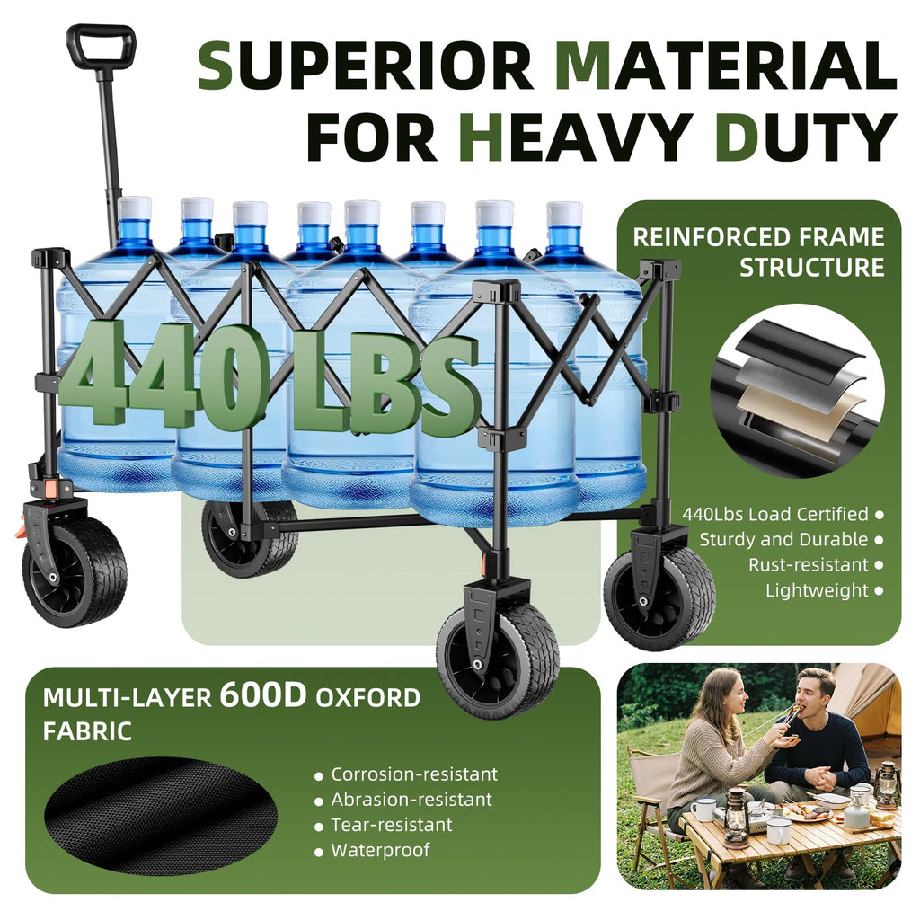 38" Collapsible Extended Wagon, 440lbs Capacity, 220L Heavy Duty Folding Cart, Black P163257