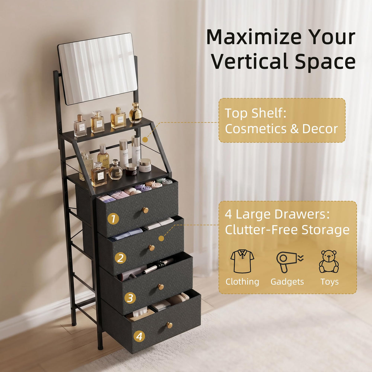 Black 4 Drawer Vanity Dresser with Adjustable Mirror K9265