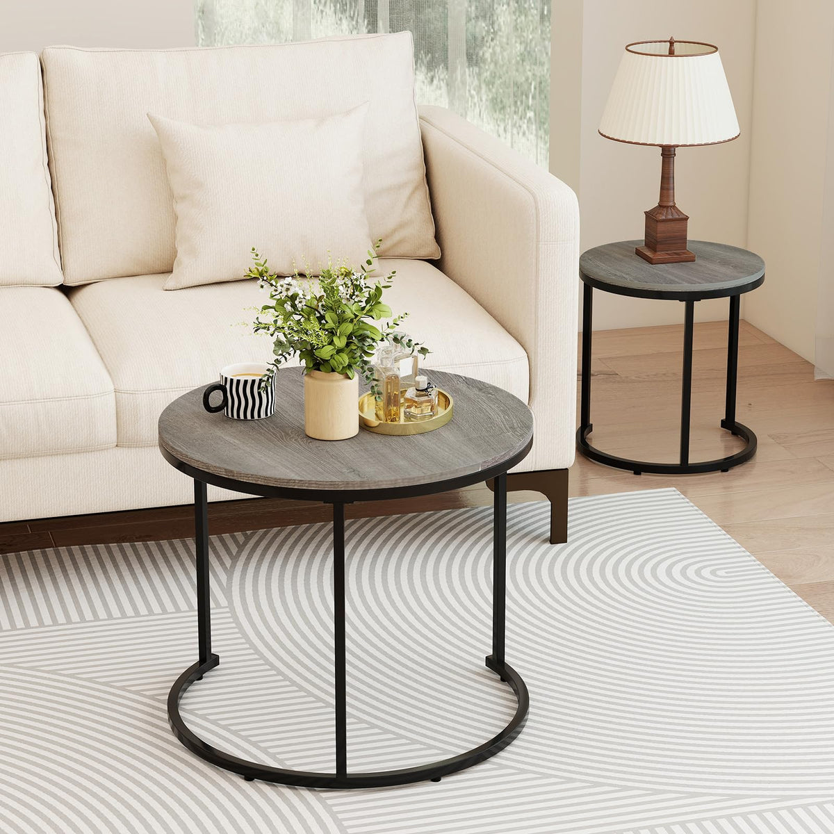 Round Nesting Coffee Table Set of 2 Grey Oak Q30050
