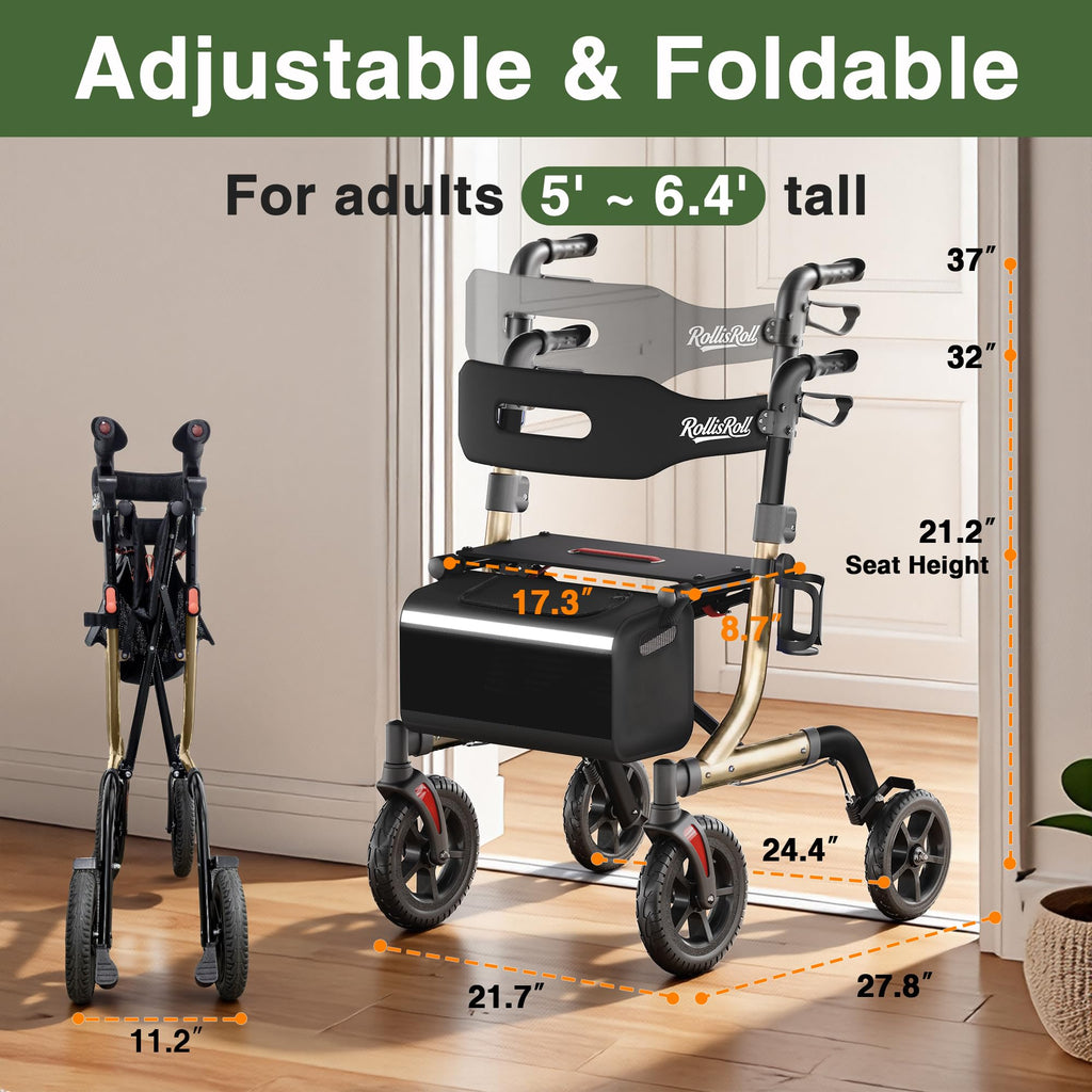 Foldable Aluminum Rollator Walker with Seat and 10" Wheels E3062