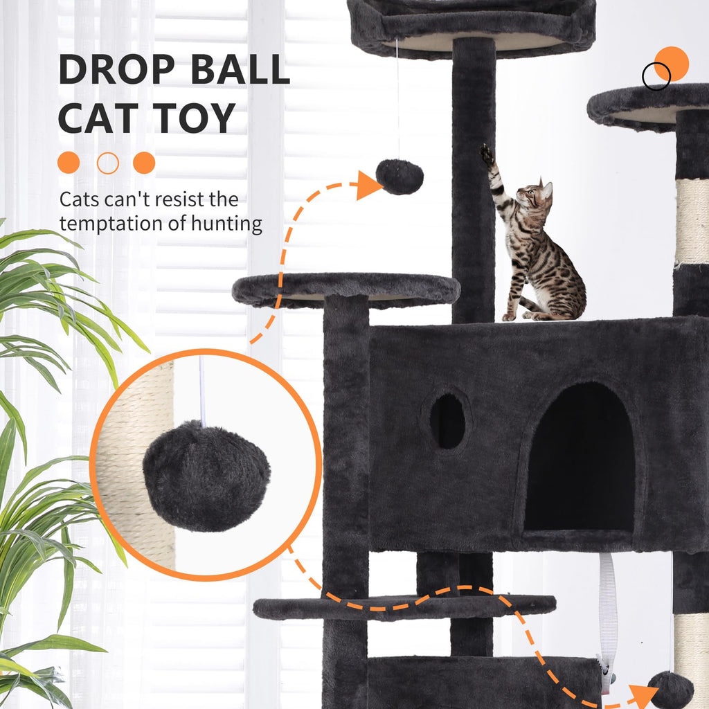 70 Inch Dark Grey Cat Tree Tower with Scratching Post W544031