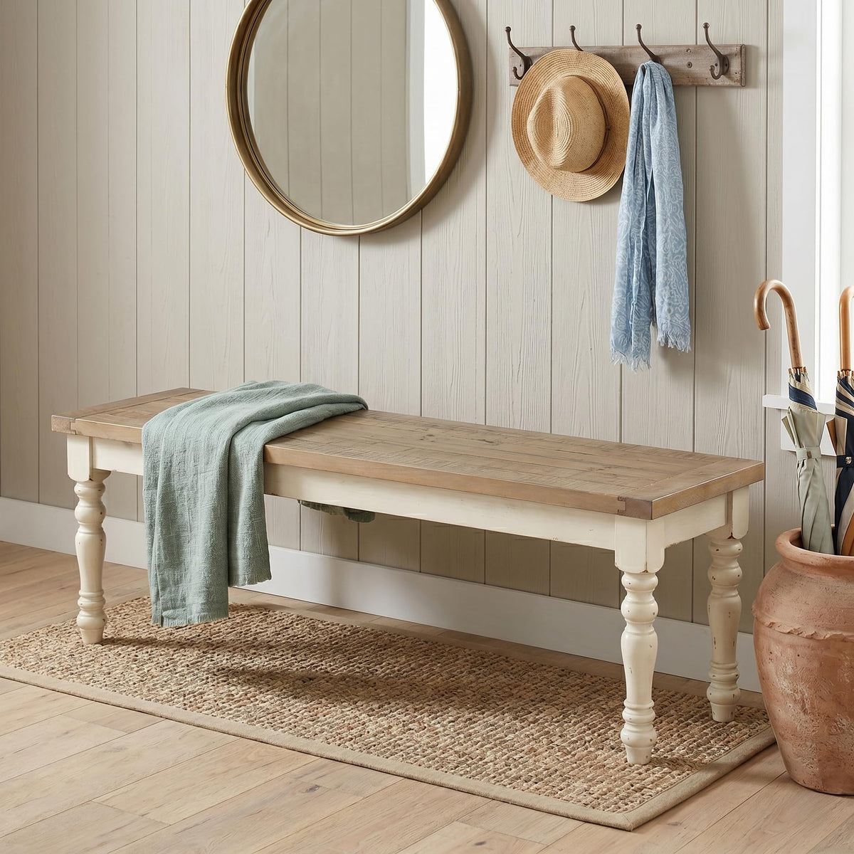 Antique White Two-Tone Oak Wood Dining Bench X79226