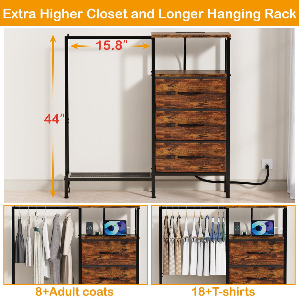 Brown 3 Drawer Fabric Dresser with Hanging Rack G495