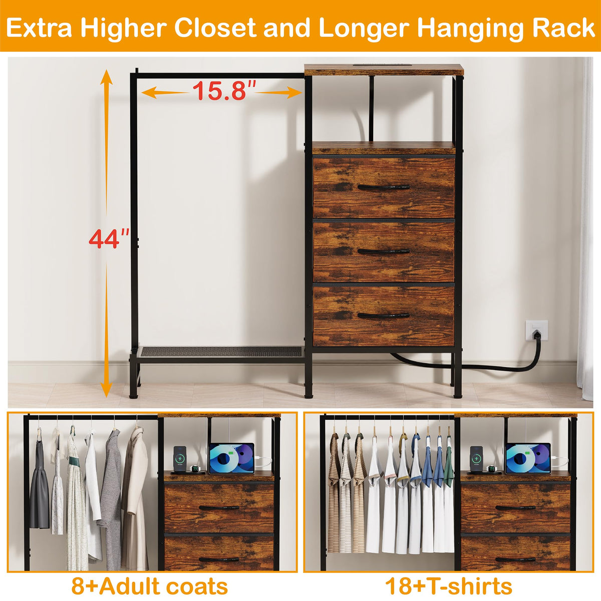 Brown 3 Drawer Fabric Dresser with Hanging Rack G495