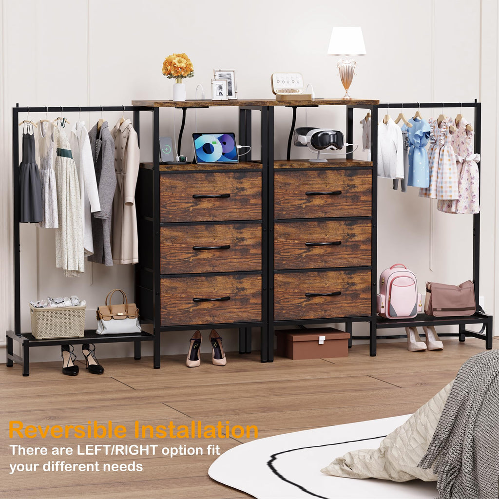 Brown 3 Drawer Fabric Dresser with Hanging Rack G495