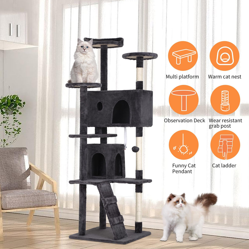 70 Inch Dark Grey Cat Tree Tower with Scratching Post W544031