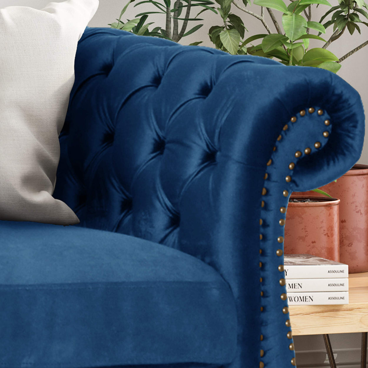 Navy Blue Velvet Sofa with Scroll Arms B877969
