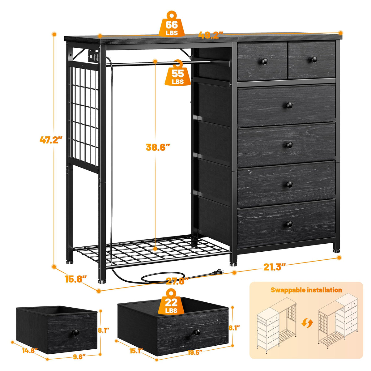 49.2" W Dresser with Hanging Rack & 6 Drawers X5787