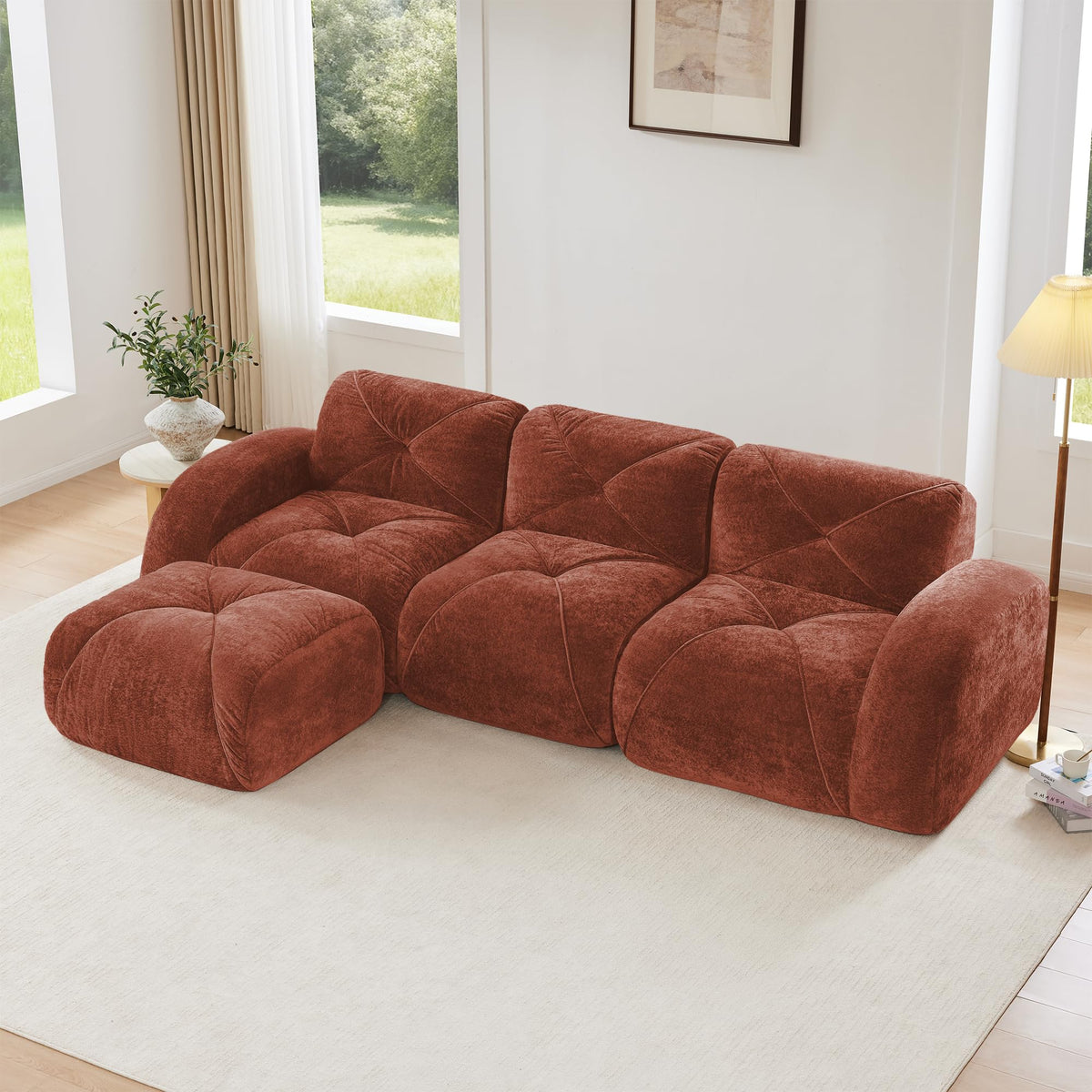 L-Shaped Orange Velvet Tufted Sofa with Ottoman G129297