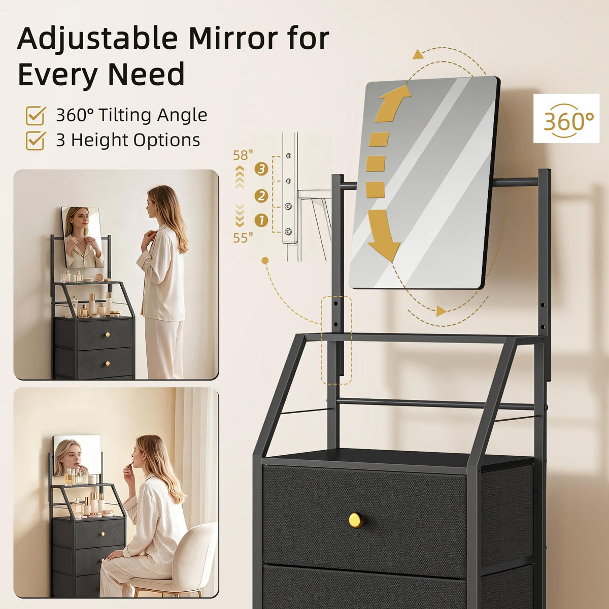 Black 4 Drawer Vanity Dresser with Adjustable Mirror K9265