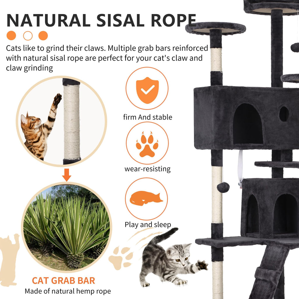 70 Inch Dark Grey Cat Tree Tower with Scratching Post W544031