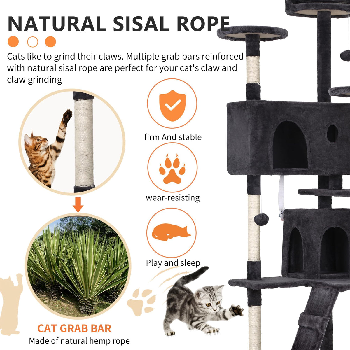 70 Inch Dark Grey Cat Tree Tower with Scratching Post W544031