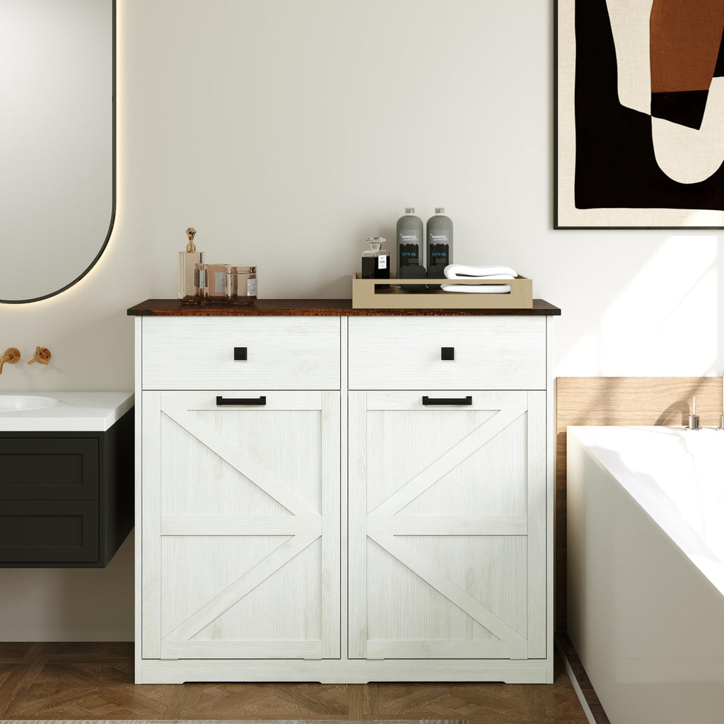 Double Tilt Out Trash Cabinet with Storage Drawers, Antique White A98336