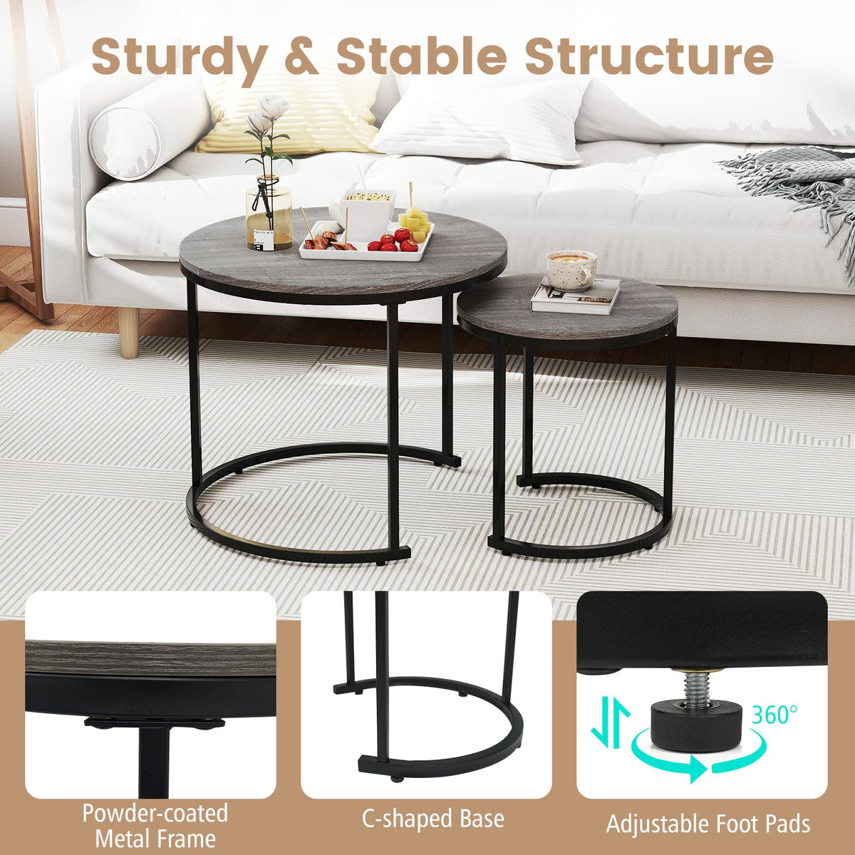 Round Nesting Coffee Table Set of 2 Grey Oak Q30050