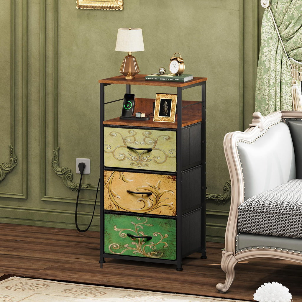 Night Stand with Charging Station, 3 Drawer Bedside Table B1996
